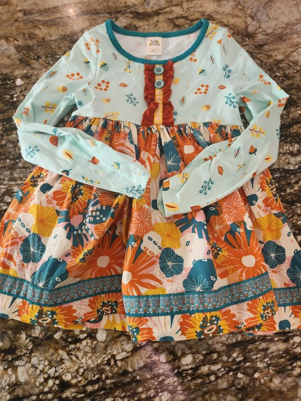 Wildflowers Girls Floral Ruffle Tunic Top - Teal, Orange, Yellow